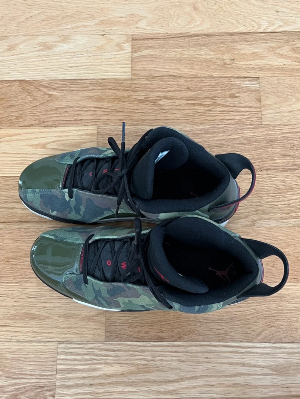 Jordan Camouflage Basketball Shoes in Olive Green and Black with Red Accents